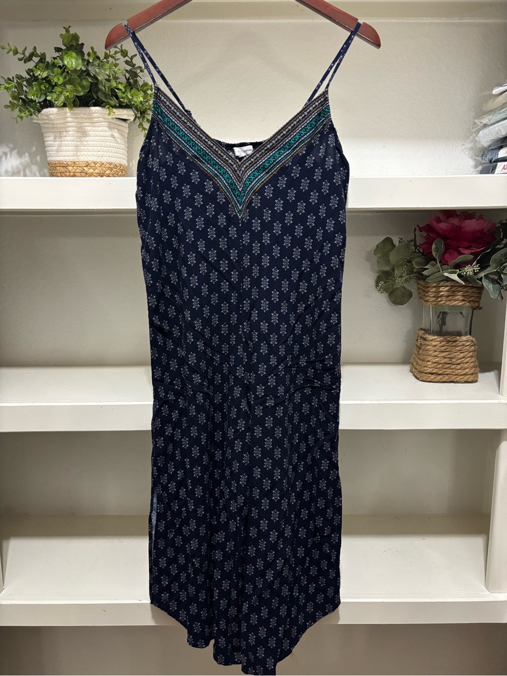 Eyeshadow Navy Patterned Dress with Teal and Mustard Accents